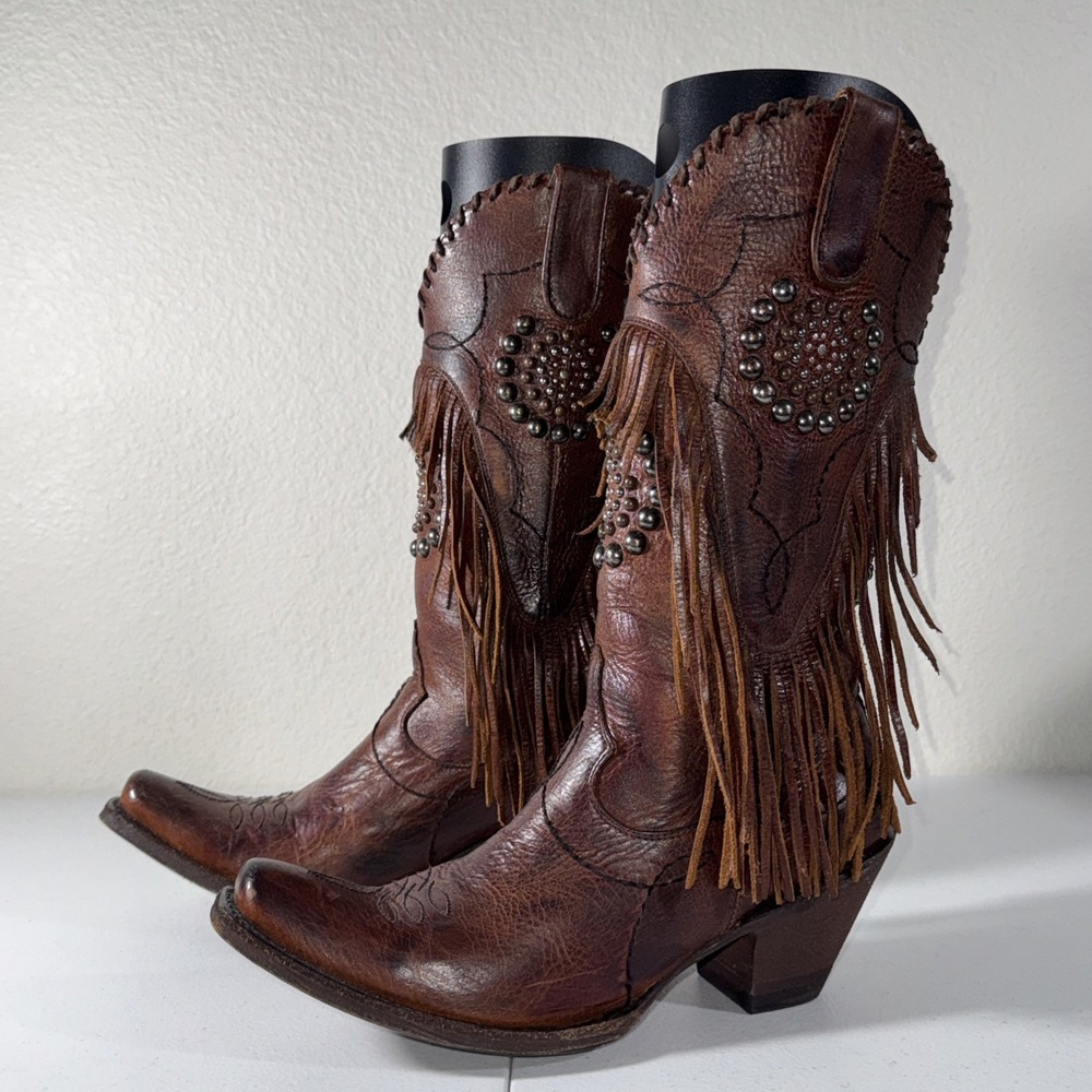 Old Gringo Yippee Ki Yay Brown Western Fringe Studded Western Cowboy Boots 7.5